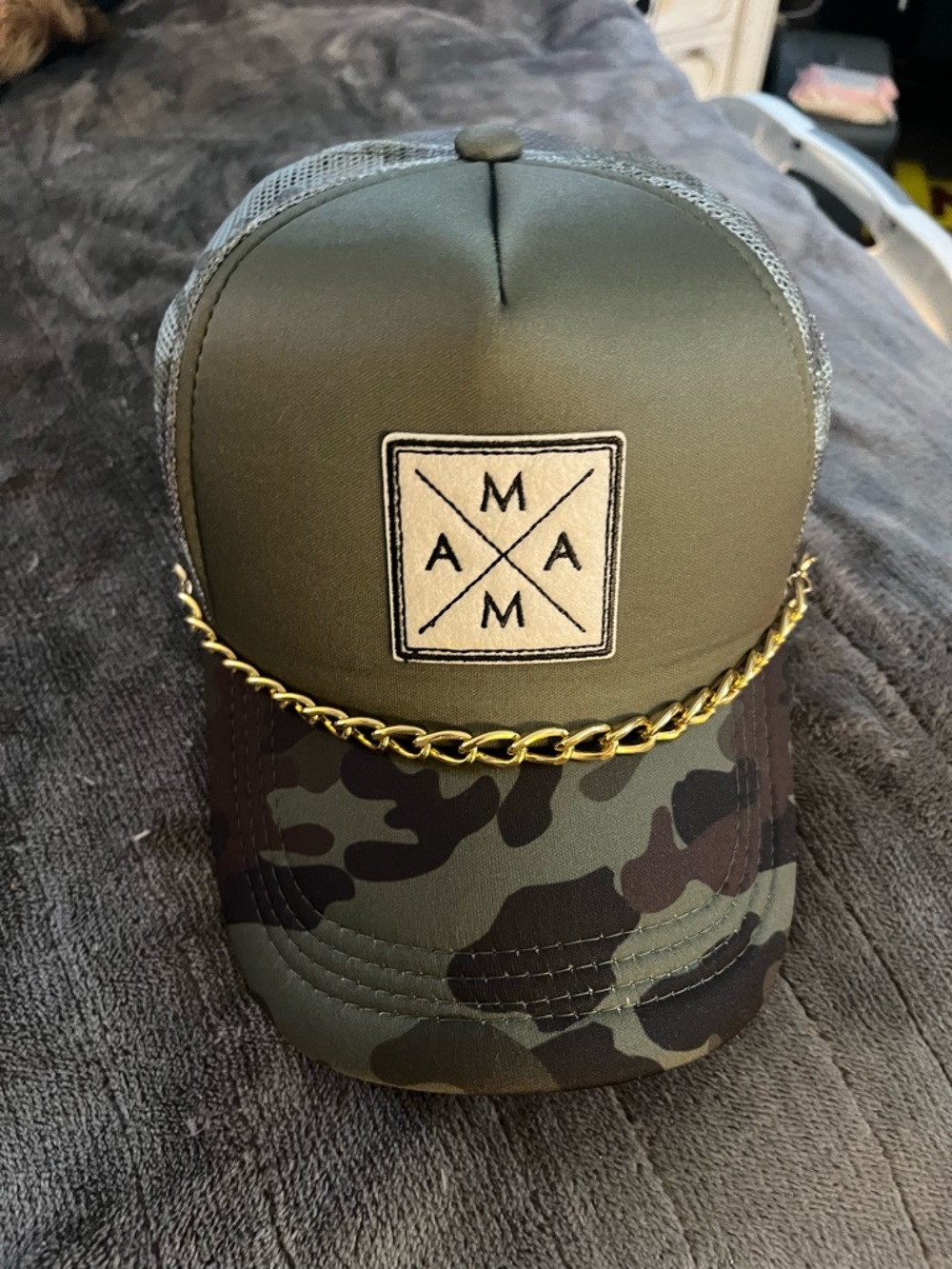 MAMA Trucker Hat with CAMO Brim & Gold Chain
